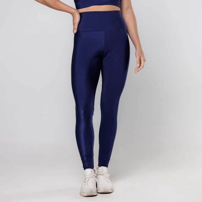 Legging Feminina Azul Marinho Cós Alto Detalhe em V Ribbed Shine