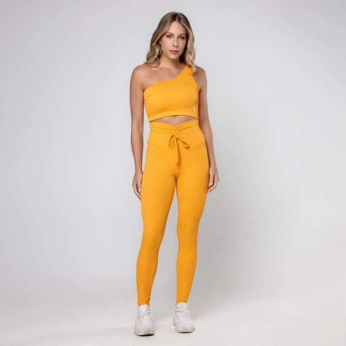 Legging Canelada Amarelo Canário Cós Alto com Cadarço