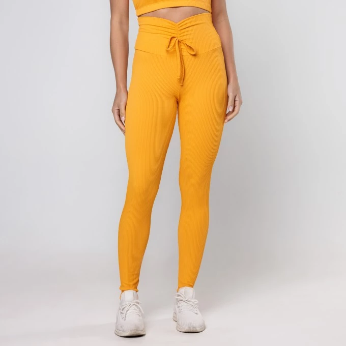 Legging Canelada Amarelo Canário Cós Alto com Cadarço