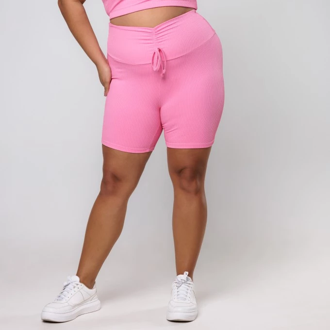 Short Canelado Rosa Chiclete Cós com Cadarço