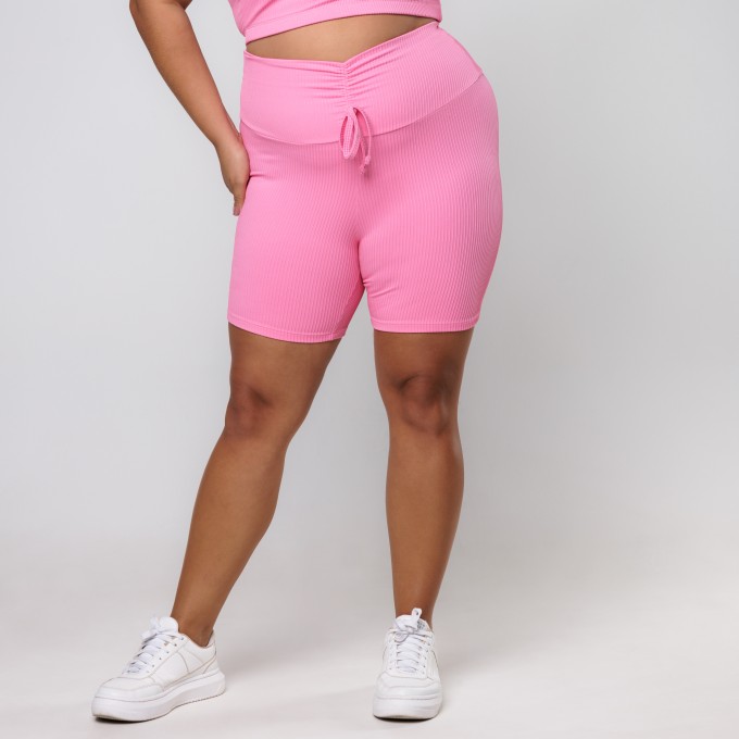 Short Canelado Rosa Chiclete Cós com Cadarço